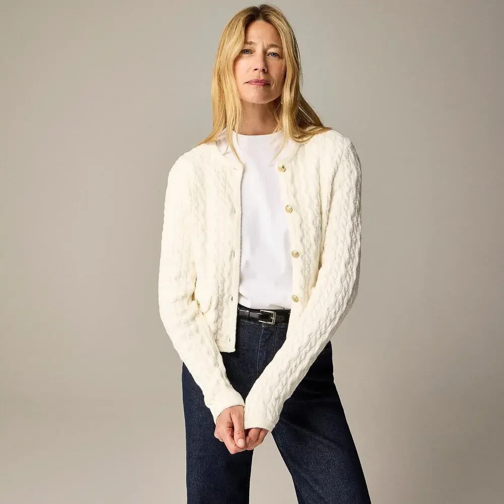 J. Crew Women's Odette Cable-Knit Cardigan Sweater Cotton-Blend Ivory Size L NWT